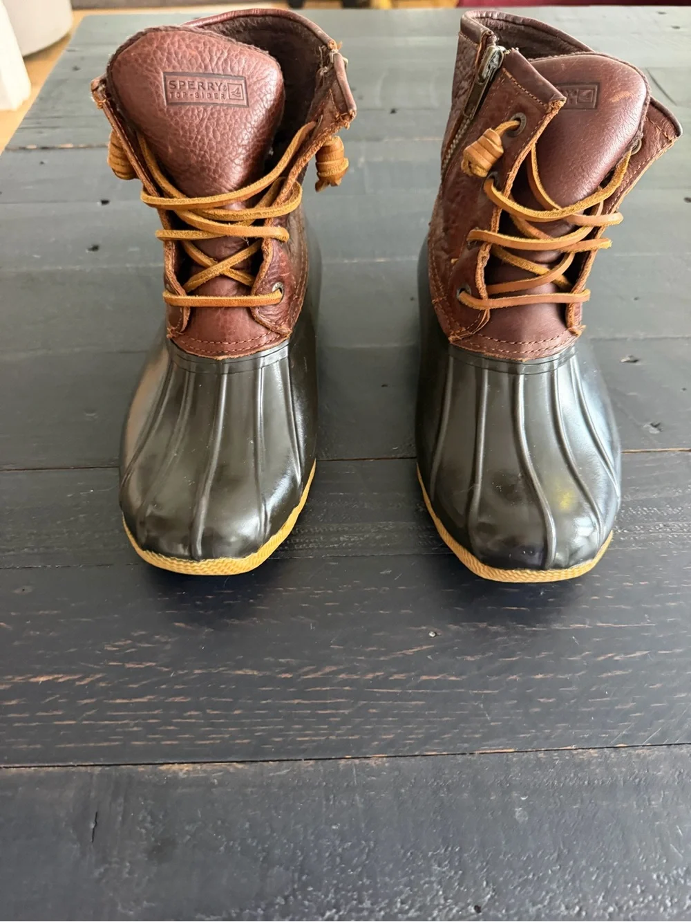 Sperry Women’s Brown Duck Rain Boots with Tan Laces